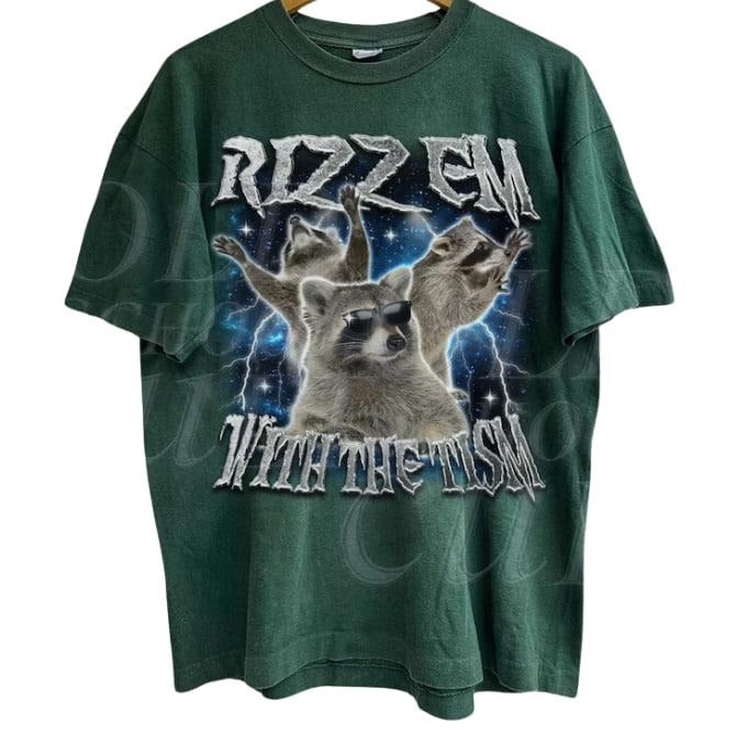 Rizz Em With The Tism Raccoon Vintage Graphic Shirt, Retro 90s Raccoon Rizz Graphic Shirt, Autism Awareness, Silly Shirt Lovers, Weird Shirt, Menswear