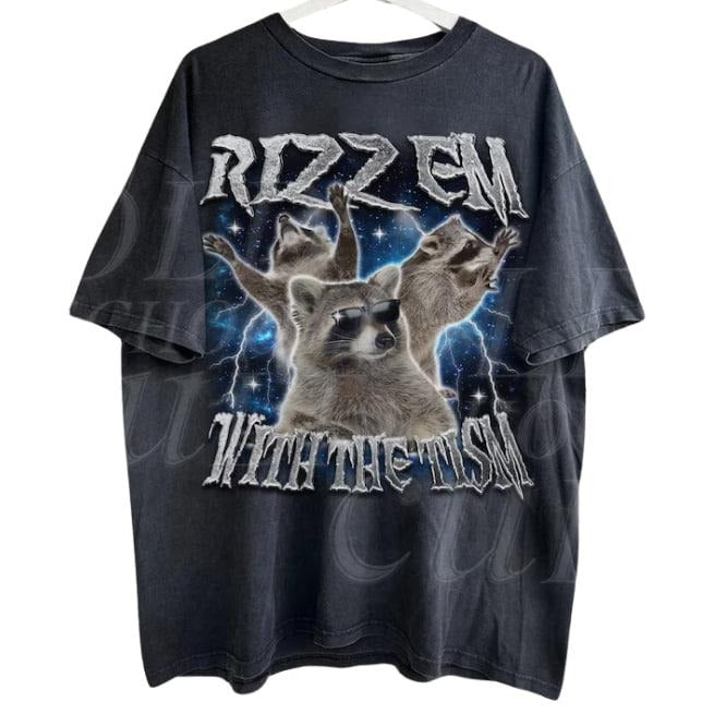 Rizz Em With The Tism Raccoon Vintage Graphic Shirt, Retro 90s Raccoon Rizz Graphic Shirt, Autism Awareness, Silly Shirt Lovers, Weird Shirt, Menswear