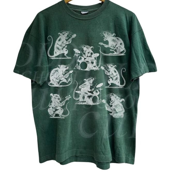 Rocker Rats Vintage 90s T-Shirt, Retro Rat Playing Rock Guitar Tshirt, Gothic Grunge Clothing, Horror Rat Playing Drums Tee, Dark Academia, Menswear