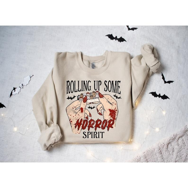 Rolling Up Some Horror Spirit Sweatshirt, Halloween Horror Sweater, Horror Movie Shirt, Horror Characters, Funny Halloween T Shirt