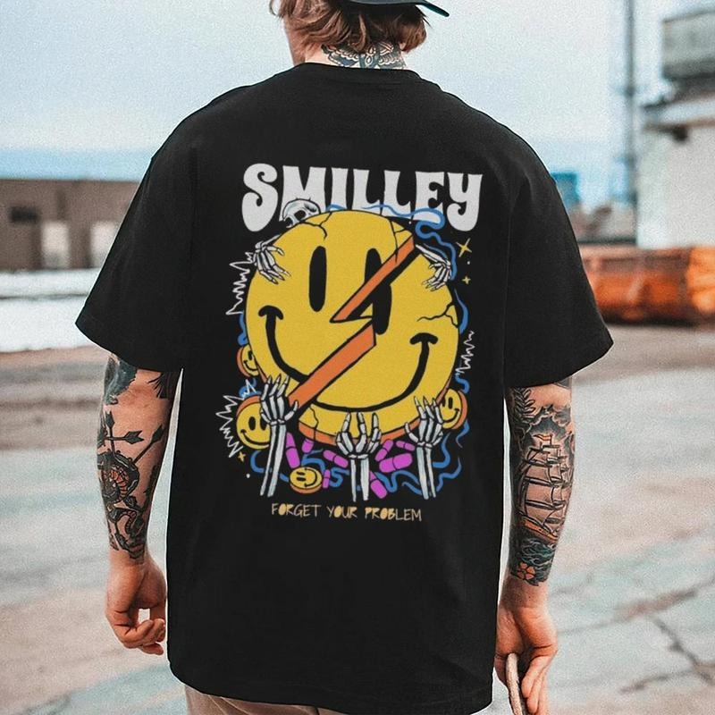 [S-5XL] Men's Cute Smiley Graphic Tee, Casual Cotton Motorcycle Shirt, Streetwear Fashion