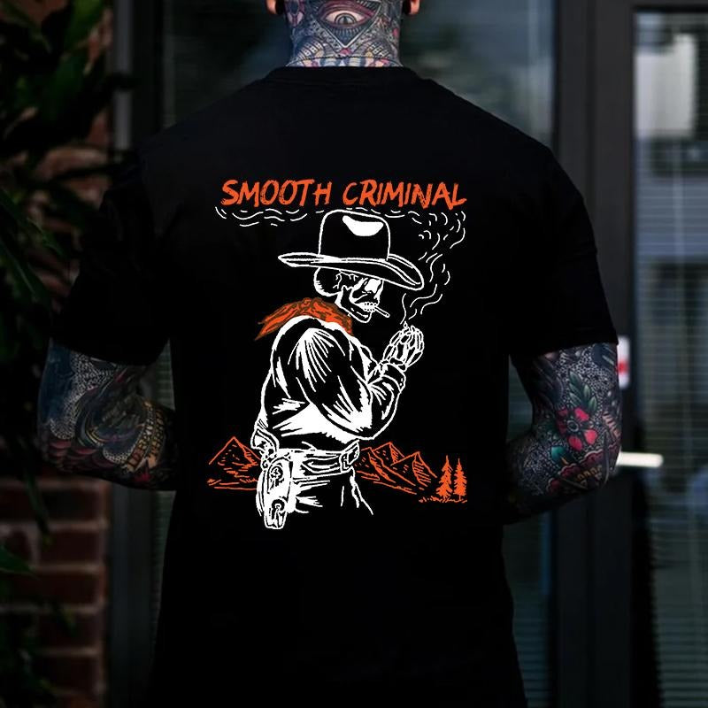 SMOOTH CRIMINAL Cowboy Skull Casual Graphic White Print T-shirt, Sweatshirt, Hoodie,  Oversized S-5Xl, Unisex Shirt, Today shirt, Love shirt, Retro Unisex, Life shirt, Merch gift, Short Sleeve Graphic, Naughty Clothes Men Classic Cotton Fabric Menswear