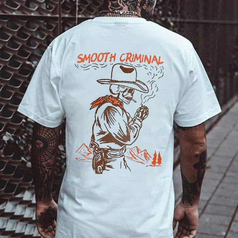 SMOOTH CRIMINAL Cowboy Skull Casual Graphic White Print T-shirt, Sweatshirt, Hoodie,  Oversized S-5Xl, Unisex Shirt, Today shirt, Love shirt, Retro Unisex, Life shirt, Merch gift, Short Sleeve Graphic, Naughty Clothes Men Classic Cotton Fabric Menswear