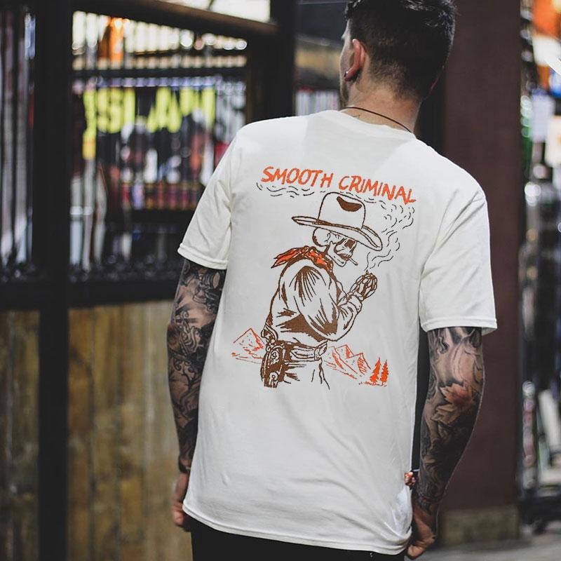 SMOOTH CRIMINAL Cowboy Skull Casual Graphic White Print T-shirt, Sweatshirt, Hoodie,  Oversized S-5Xl, Unisex Shirt, Today shirt, Love shirt, Retro Unisex, Life shirt, Merch gift, Short Sleeve Graphic, Naughty Clothes Men Classic Cotton Fabric Menswear