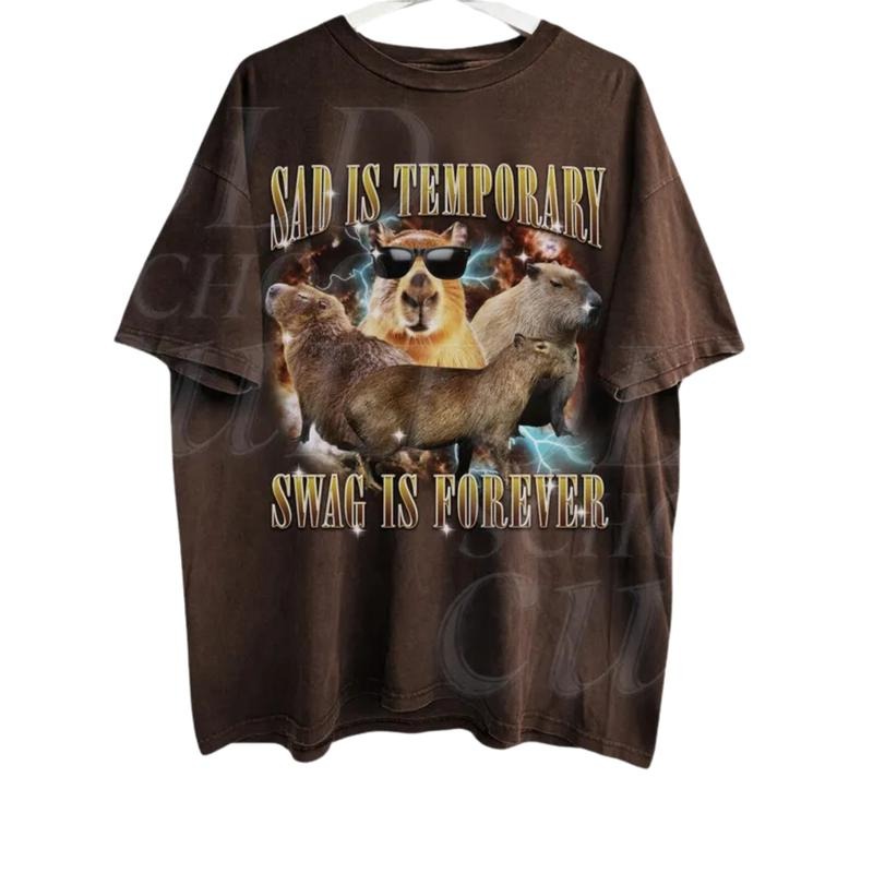 Sad Is Temporary Swag is Forever Vintage 90s T-Shirt, Retro 90s Capybara T Shirt, Funny Y2k Washed Graphic Tee, Funny Silly Party Tees, Tee Menswear Top Underwear Streetwear