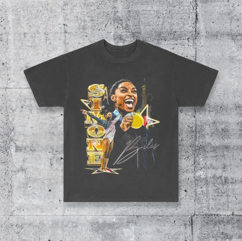 Simone Biles Most Decorated Gymnast Gymnastics Gold Medal Paris Streetwear Heavyweight T-Shirt Graphic Print Casual Women Menswear Fabric Cotton
