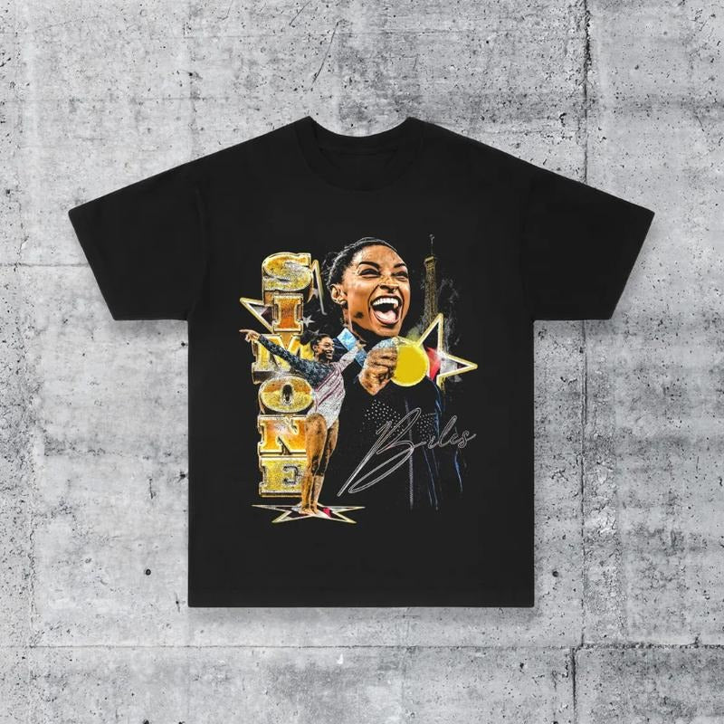 Simone Biles Most Decorated Gymnast Gymnastics Gold Medal Paris Streetwear Heavyweight T-Shirt Graphic Print Casual Women Menswear Fabric Cotton