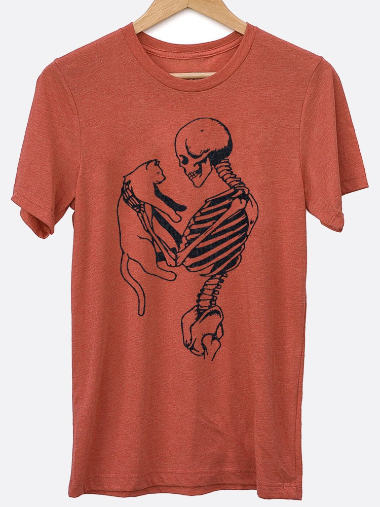 Skeleton Holding Cat Graphic Tee