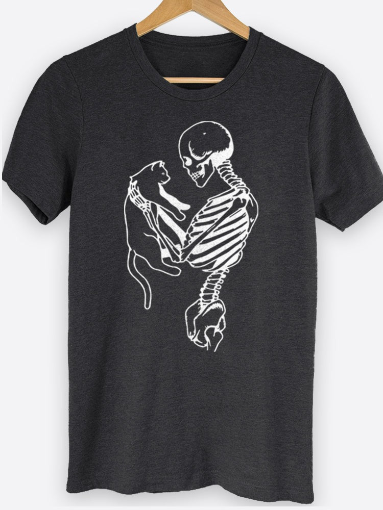 Skeleton Holding Cat Graphic Tee