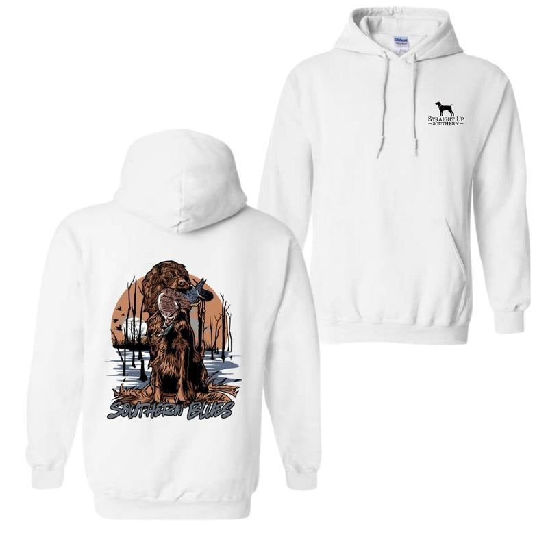 Southern Blues T-Shirt, Hoodie Hunting Dog Graphic With Duck, Menswear Fabric Menswear Fleece Kangaroo Fleece Kangaroo