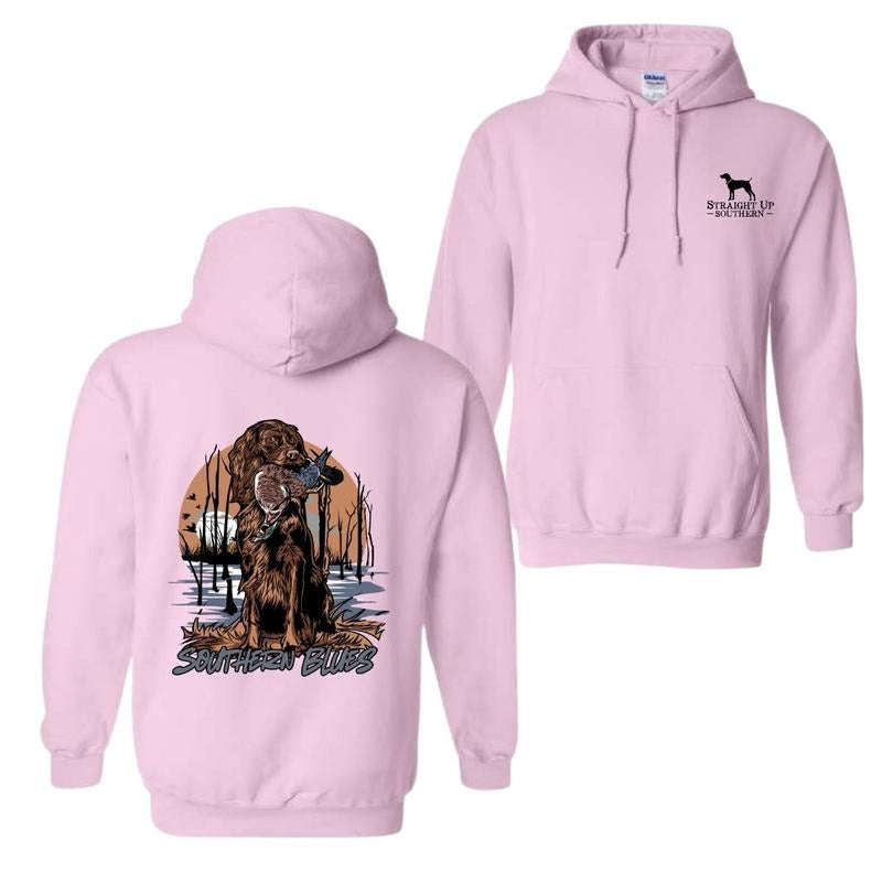 Southern Blues T-Shirt, Hoodie Hunting Dog Graphic With Duck, Menswear Fabric Menswear Fleece Kangaroo Fleece Kangaroo