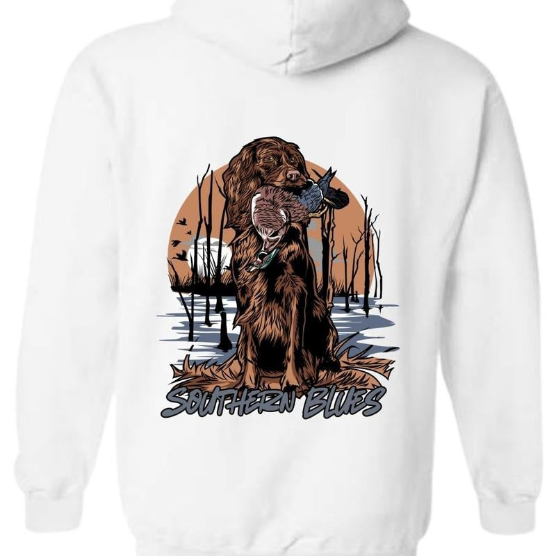 Southern Blues T-Shirt, Hoodie Hunting Dog Graphic With Duck, Menswear Fabric Menswear Fleece Kangaroo Fleece Kangaroo