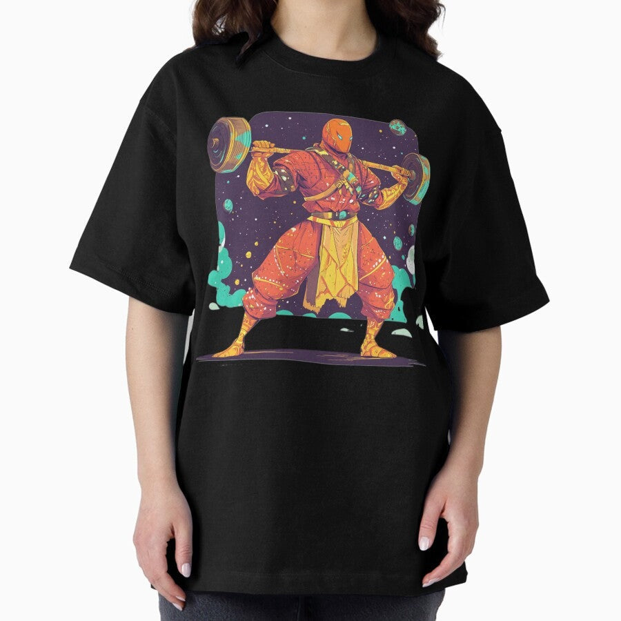 "Space-themed Superhero Holding Barbell" Oversized T-Shirt
