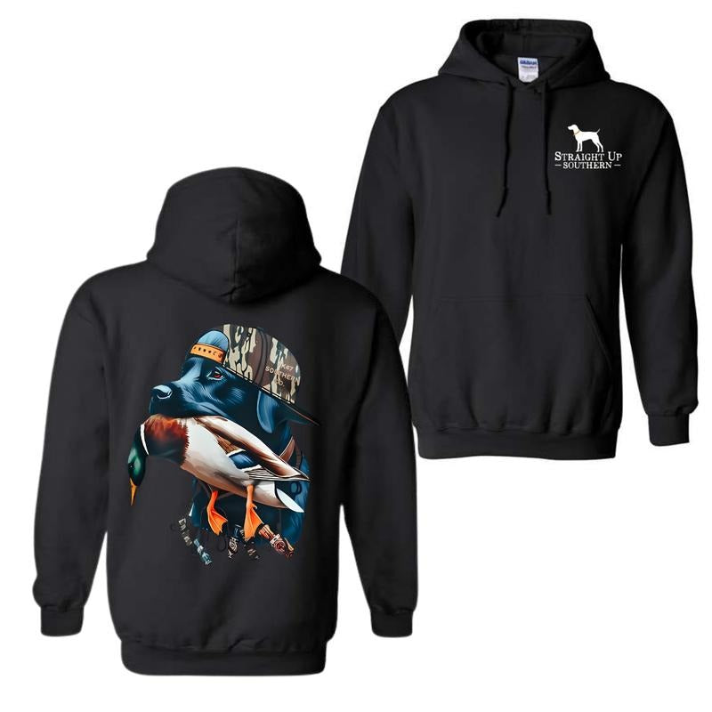 Straight Up Southern Hoodie - Bold Black Hunting Dog with Duck Graphic, Perfect for Outdoorsmen and Waterfowl Hunters, Unisex Hoodie For Women, For Men