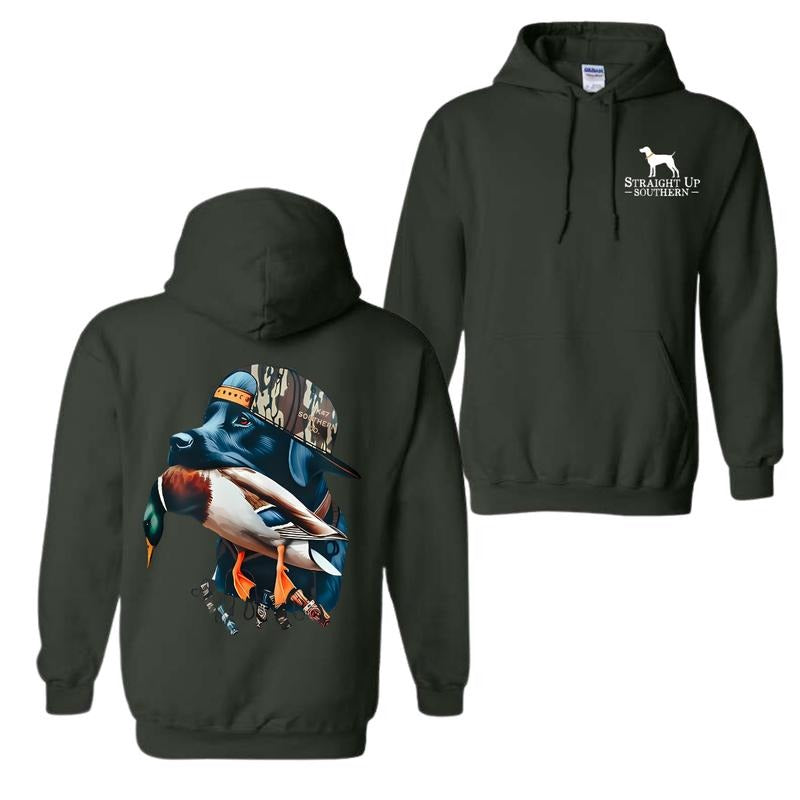 Straight Up Southern Hoodie - Bold Black Hunting Dog with Duck Graphic, Perfect for Outdoorsmen and Waterfowl Hunters, Unisex Hoodie For Women, For Men