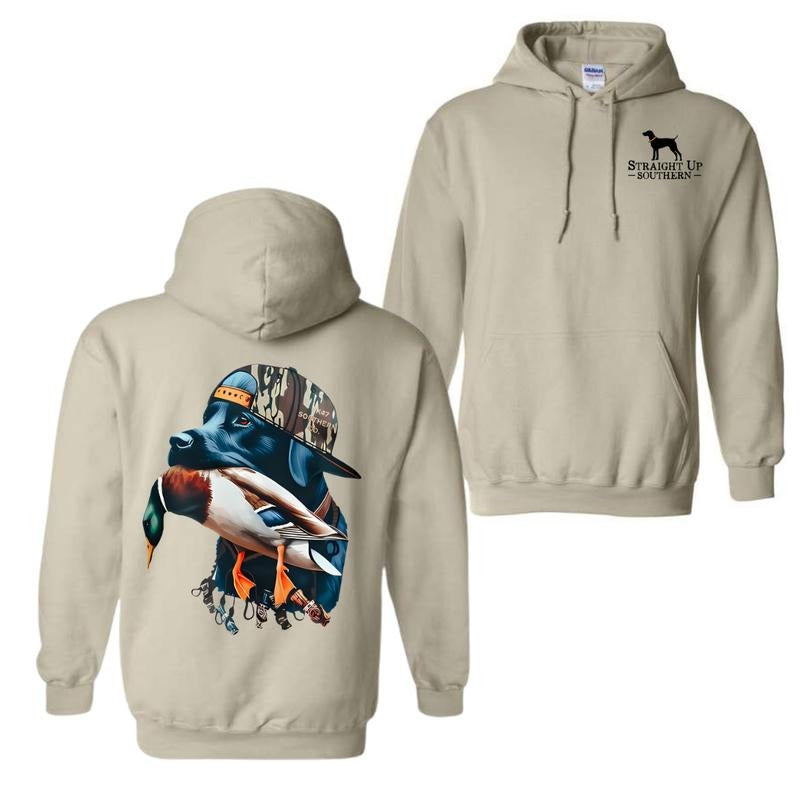 Straight Up Southern Hoodie - Bold Black Hunting Dog with Duck Graphic, Perfect for Outdoorsmen and Waterfowl Hunters, Unisex Hoodie For Women, For Men