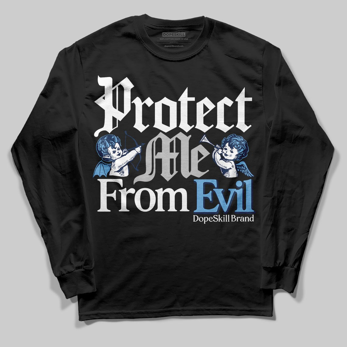 Summit White Navy 4s DopeSkill Long Sleeve T-Shirt Protect Me From Evil Graphic