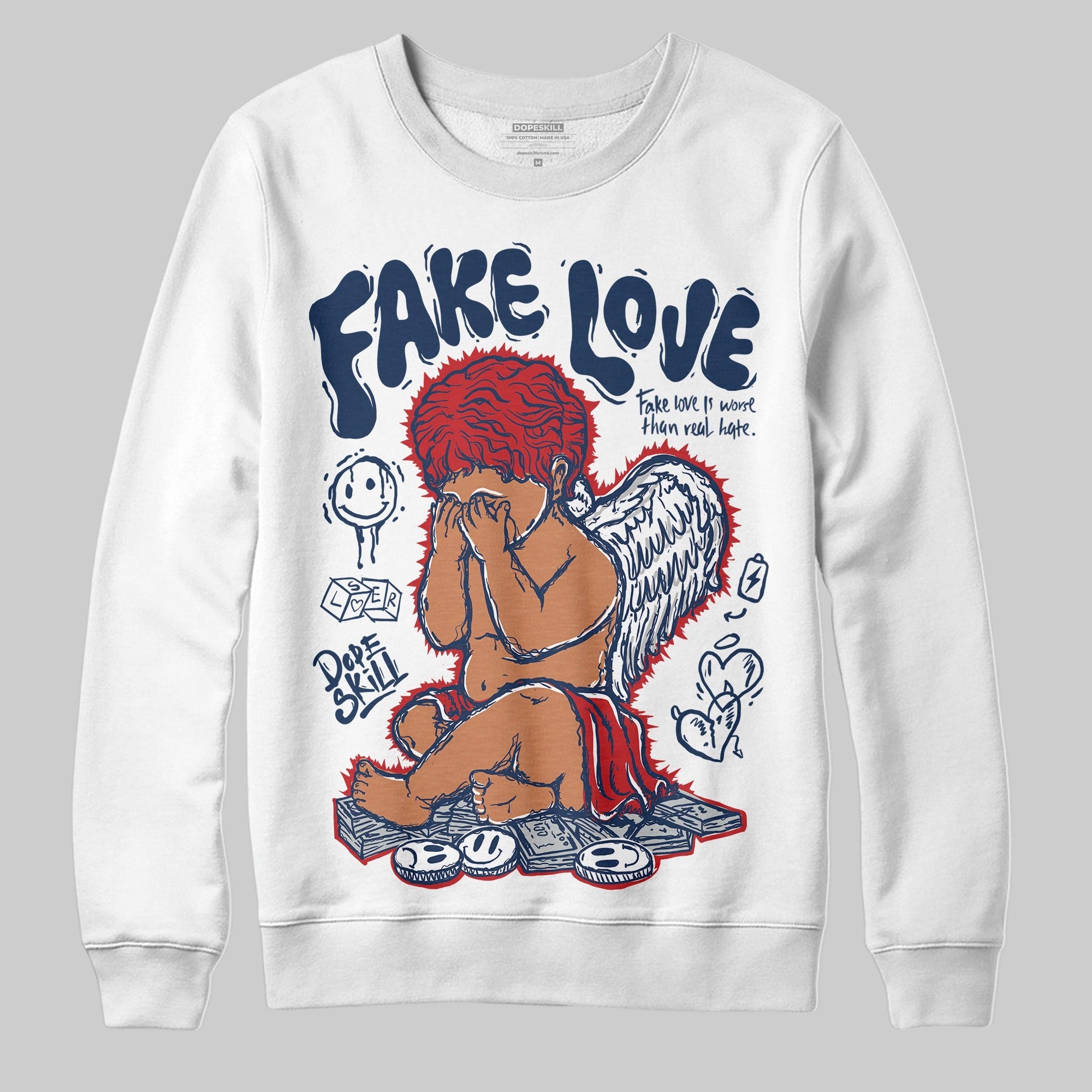 Summit White Navy 4s DopeSkill Sweatshirt False Love Graphic