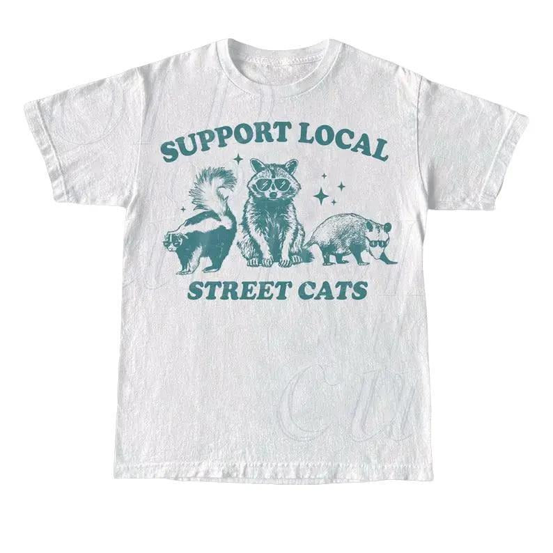 Support Your Local Street Cats Graphic T-Shirt, Retro Unisex Adult T Shirt, Vintage Raccoon T Shirt, Nostalgia T Shirt, Relaxed Cotton Tees Menswear Top Underwear Streetwear