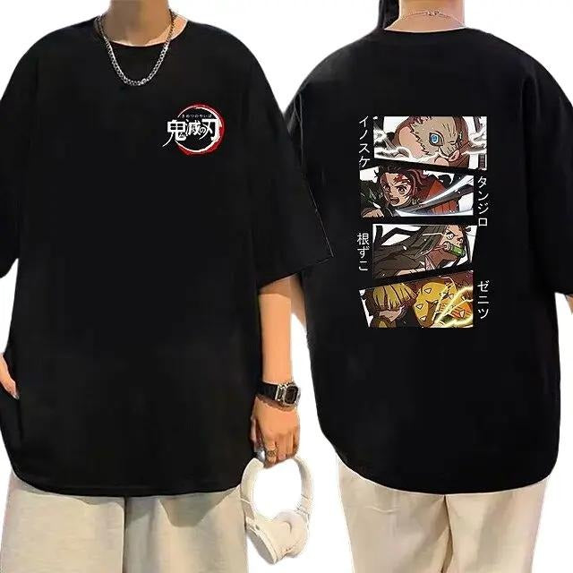 Tanjiro Nezuko Zenitsu Inosuke Demon Slayer T-Shirt, 90s Slayer Style, Graphic Anime Tee, Unisex Cotton & Polyester, Black & Black Design