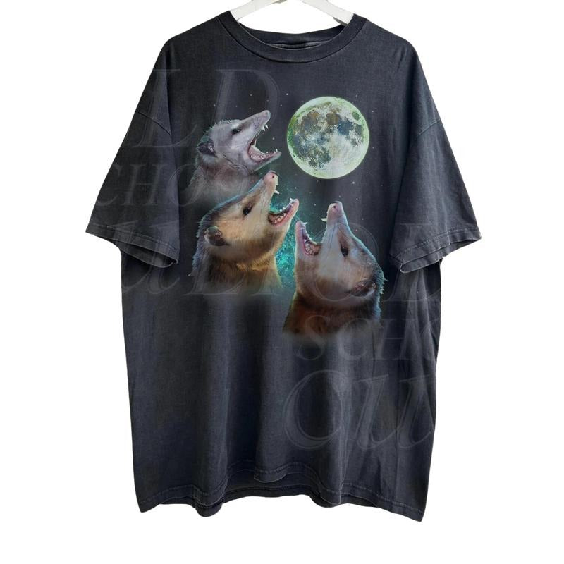 Three Possums Howling at Moon Vinatge Shirt, Retro Opossum Lover Tshirt, Funny Possum Tee, Distressed Cotton Unisex Tee Menswear Top Underwear Streetwear