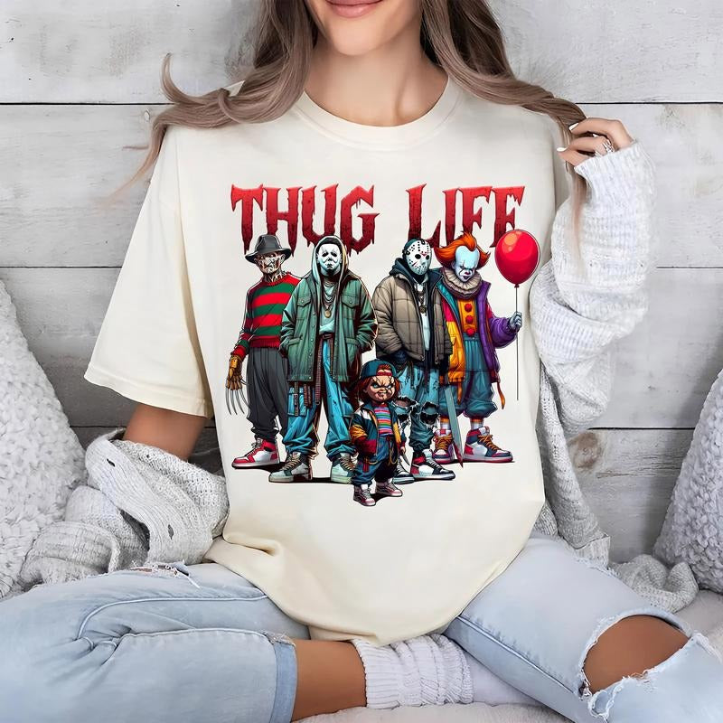Thug L1fe Horror Characters V8 Halloween Shirt, Sweatshirt, Hoodie Top Womenswear Athletic Collar