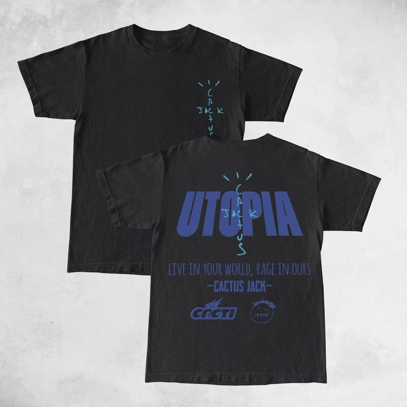 Travis Cactus Utopia Double Sides Front And Back Premium Cotton T-Shirt Cotton Unisex Shirt Rap Shirt Rapper Rap Tee Hiphop Shirt Music Tour Merch Gift for Him Gift For Her Vintage Y2K Hoodie Sweatshirt