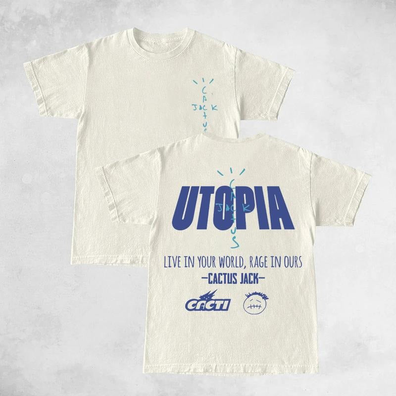 Travis Cactus Utopia Double Sides Front And Back Premium Cotton T-Shirt Cotton Unisex Shirt Rap Shirt Rapper Rap Tee Hiphop Shirt Music Tour Merch Gift for Him Gift For Her Vintage Y2K Hoodie Sweatshirt
