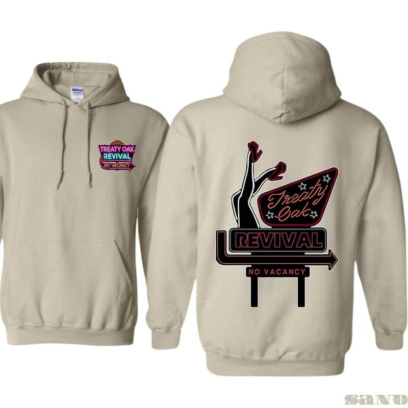 Treaty Oak Revival No Vacancy 2 Side Printed T-shirt - Crewneck Sweatshirt - Hoodie, Bold Neon Sign Design Featuring Retro-Inspired Graphic, Perfect for Fans of Vintage Aesthetics and Music Culture, Unisex Hoodie for Casual Comfort