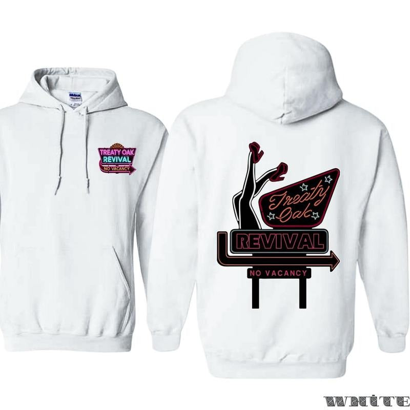 Treaty Oak Revival No Vacancy 2 Side Printed T-shirt - Crewneck Sweatshirt - Hoodie, Bold Neon Sign Design Featuring Retro-Inspired Graphic, Perfect for Fans of Vintage Aesthetics and Music Culture, Unisex Hoodie for Casual Comfort