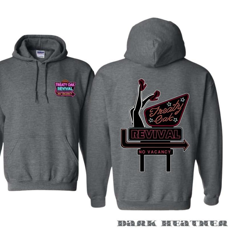 Treaty Oak Revival No Vacancy 2 Side Printed T-shirt - Crewneck Sweatshirt - Hoodie, Bold Neon Sign Design Featuring Retro-Inspired Graphic, Perfect for Fans of Vintage Aesthetics and Music Culture, Unisex Hoodie for Casual Comfort