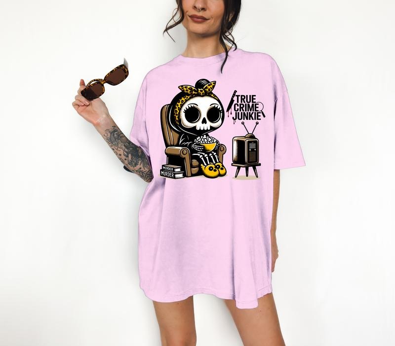 True Crime Junkie - T-Shirt, Cute Skeleton, Bright Graphic, Funny Apparel, Gift Idea, Relaxed Fit, Casual Apparel, Cute Top, Great with Jeans, All Seasons, Fun Style, Comfortable Shirt