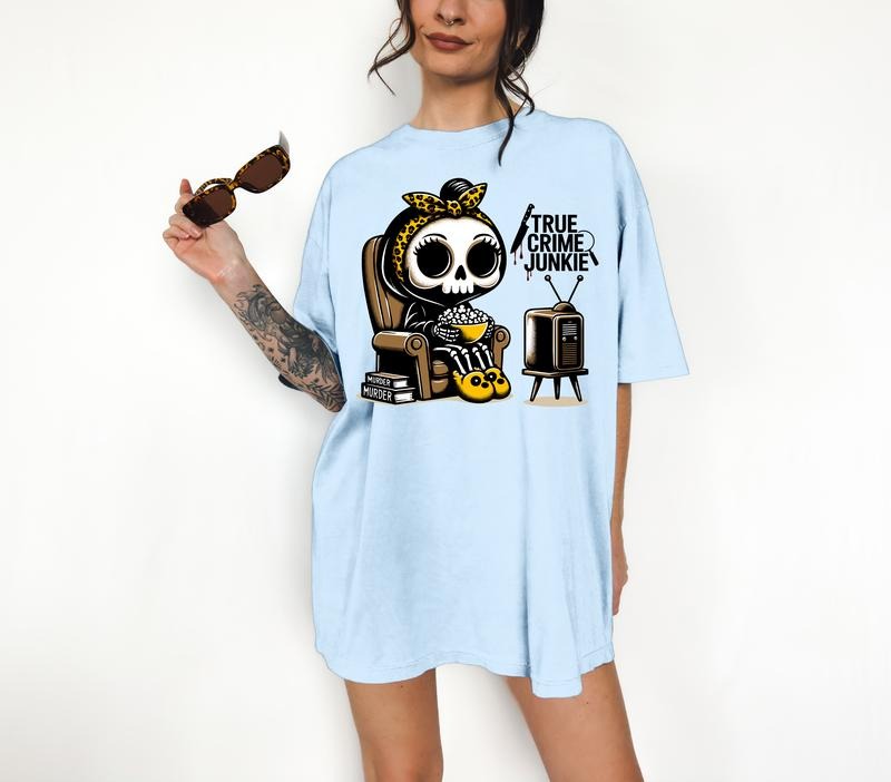 True Crime Junkie - T-Shirt, Cute Skeleton, Bright Graphic, Funny Apparel, Gift Idea, Relaxed Fit, Casual Apparel, Cute Top, Great with Jeans, All Seasons, Fun Style, Comfortable Shirt