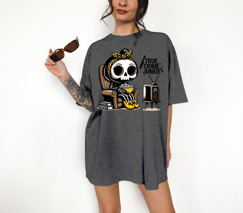 True Crime Junkie - T-Shirt, Cute Skeleton, Bright Graphic, Funny Apparel, Gift Idea, Relaxed Fit, Casual Apparel, Cute Top, Great with Jeans, All Seasons, Fun Style, Comfortable Shirt