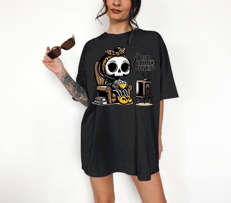 True Crime Junkie - T-Shirt, Cute Skeleton, Bright Graphic, Funny Apparel, Gift Idea, Relaxed Fit, Casual Apparel, Cute Top, Great with Jeans, All Seasons, Fun Style, Comfortable Shirt