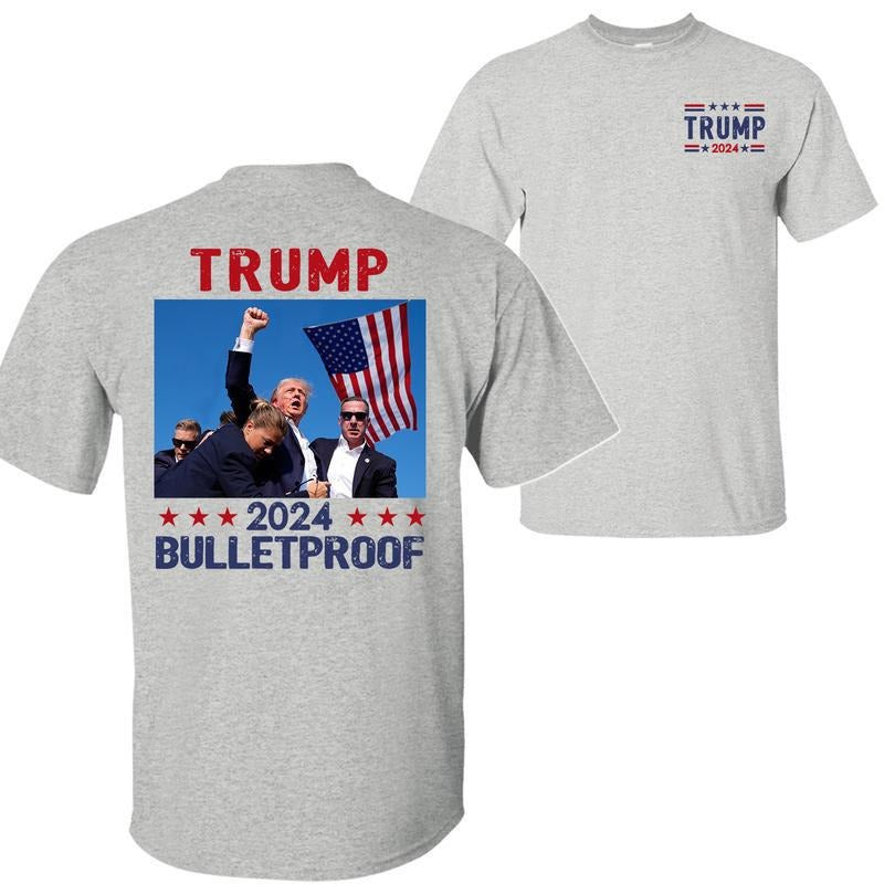 Trump 2024 Bulletproof Shirt, Praying For President Trump Shirt, Bloodied Trump Fist Pumps, Trump Shirts 2024, Double Sided Graphic Printed Unisex Classic Comfort Cotton T-Shirts, Full Colors, Full Sizes