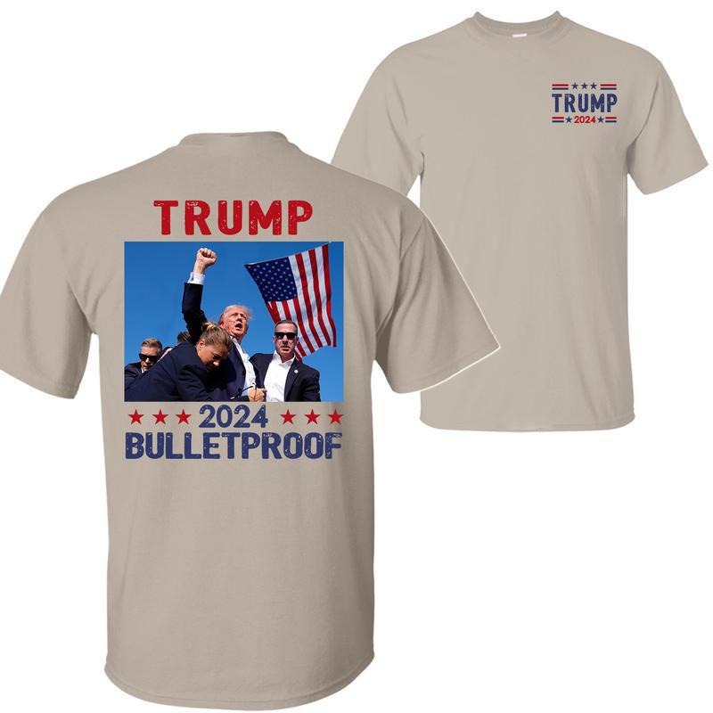 Trump 2024 Bulletproof Shirt, Praying For President Trump Shirt, Bloodied Trump Fist Pumps, Trump Shirts 2024, Double Sided Graphic Printed Unisex Classic Comfort Cotton T-Shirts, Full Colors, Full Sizes