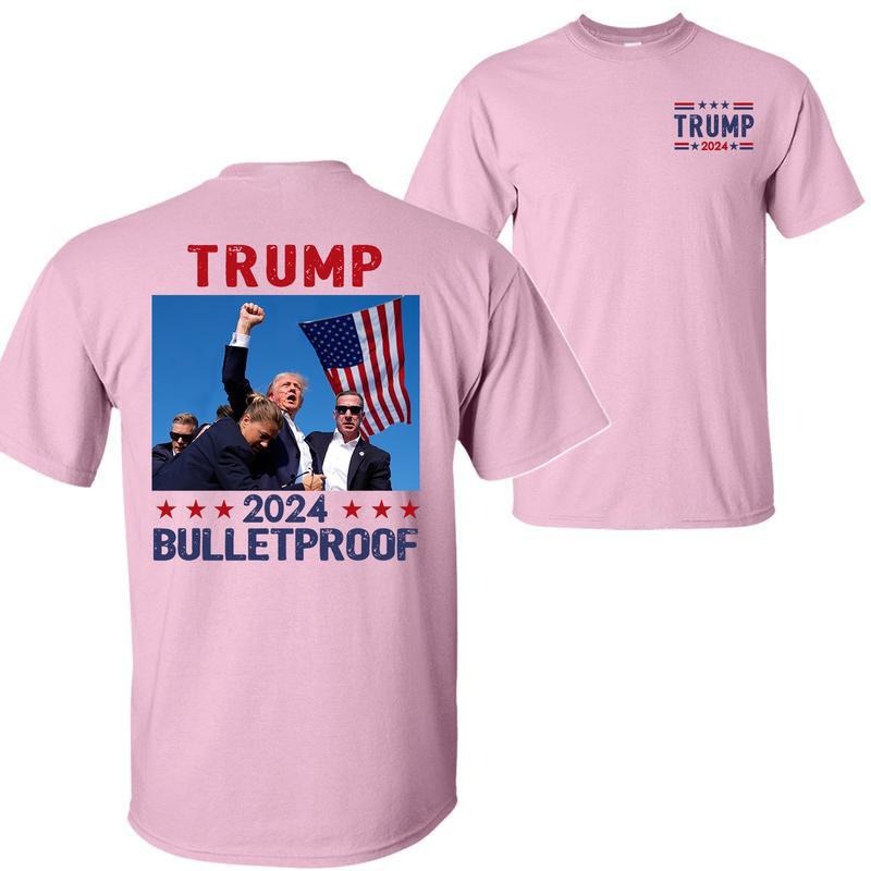 Trump 2024 Bulletproof Shirt, Praying For President Trump Shirt, Bloodied Trump Fist Pumps, Trump Shirts 2024, Double Sided Graphic Printed Unisex Classic Comfort Cotton T-Shirts, Full Colors, Full Sizes