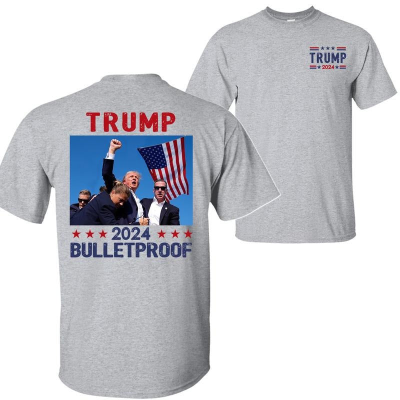 Trump 2024 Bulletproof Shirt, Praying For President Trump Shirt, Bloodied Trump Fist Pumps, Trump Shirts 2024, Double Sided Graphic Printed Unisex Classic Comfort Cotton T-Shirts, Full Colors, Full Sizes