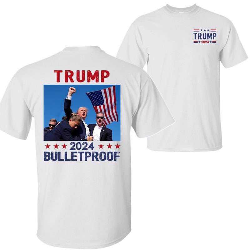 Trump 2024 Bulletproof Shirt, Praying For President Trump Shirt, Bloodied Trump Fist Pumps, Trump Shirts 2024, Double Sided Graphic Printed Unisex Classic Comfort Cotton T-Shirts, Full Colors, Full Sizes