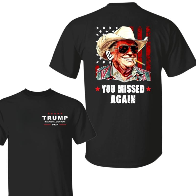 Trump 2024 Cowboy Western Make Ameriica Great Again You Missed Again Shirt, Trump Cowboy Shirt, Trump Second Attempt Shirt, Gift for Trump Supporter, Election 2024, Unisex 2 Sided Casual Classic Cotton Shirt for Men and Women, Full Size, Full Colors