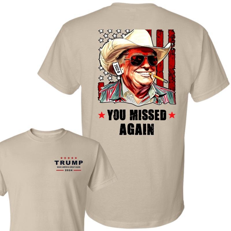 Trump 2024 Cowboy Western Make Ameriica Great Again You Missed Again Shirt, Trump Cowboy Shirt, Trump Second Attempt Shirt, Gift for Trump Supporter, Election 2024, Unisex 2 Sided Casual Classic Cotton Shirt for Men and Women, Full Size, Full Colors