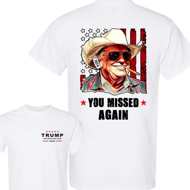 Trump 2024 Cowboy Western Make Ameriica Great Again You Missed Again Shirt, Trump Cowboy Shirt, Trump Second Attempt Shirt, Gift for Trump Supporter, Election 2024, Unisex 2 Sided Casual Classic Cotton Shirt for Men and Women, Full Size, Full Colors