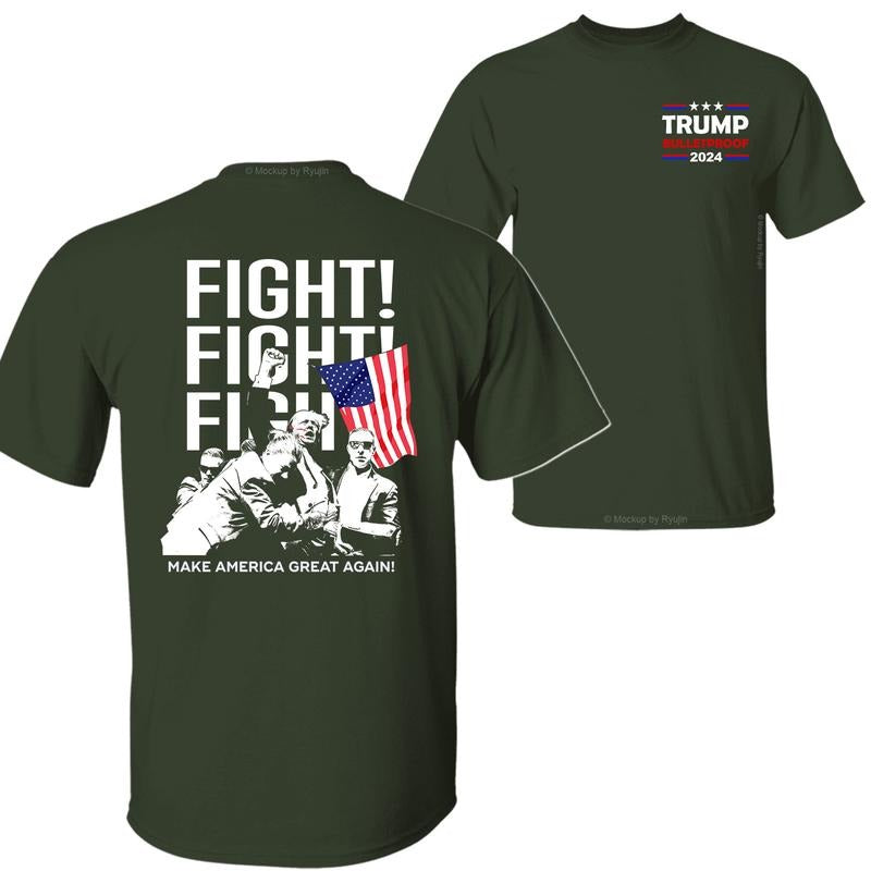 Trump 2024 Fight Bulletproof Shirt, Make America Great Again Shirt, Trump Assassination Attempt Shirt, Bloodied Trump Fist Pumps, 2 Sided Graphic Printed Unisex Classic Comfort Cotton T-Shirts in all Sizes all Dark Colors for Men and for Women