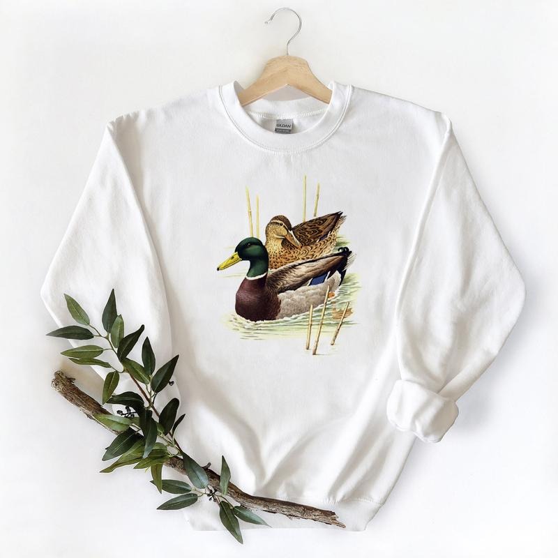 Two Mallard Duck on lake Wildlife Unisex Crewneck Sweatshirt Pullover, T-shirt, hoodie Cotton Hunting Season