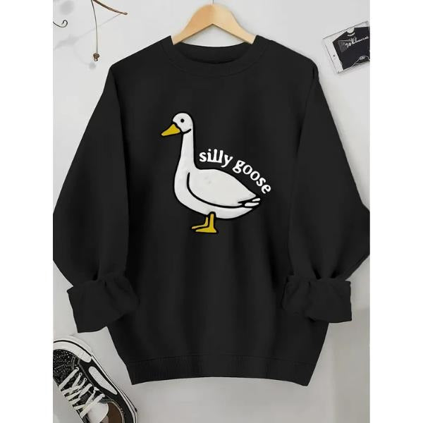 Unisex Men's Cartoon Goose & Letter Print Crewneck Graphic Sweatshirt, Essentials Sweatshirt, Loose Long Sleeve Graphic Sweatshirt, Trendy Casual Apparel