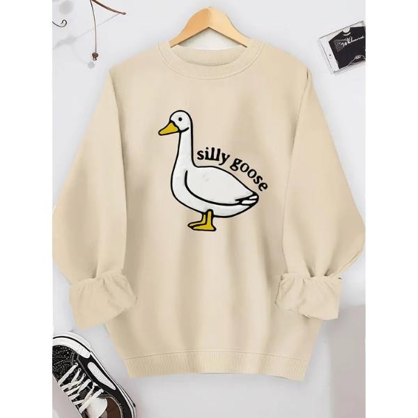 Unisex Men's Cartoon Goose & Letter Print Crewneck Graphic Sweatshirt, Essentials Sweatshirt, Loose Long Sleeve Graphic Sweatshirt, Trendy Casual Apparel