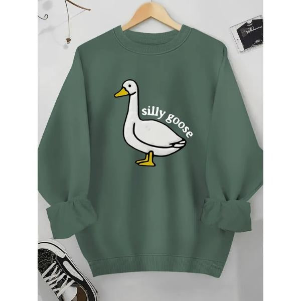 Unisex Men's Cartoon Goose & Letter Print Crewneck Graphic Sweatshirt, Essentials Sweatshirt, Loose Long Sleeve Graphic Sweatshirt, Trendy Casual Apparel