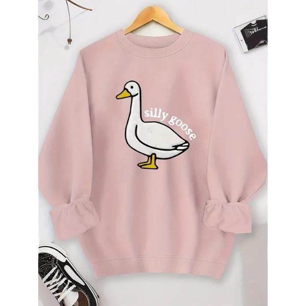 Unisex Men's Cartoon Goose & Letter Print Crewneck Graphic Sweatshirt, Essentials Sweatshirt, Loose Long Sleeve Graphic Sweatshirt, Trendy Casual Apparel