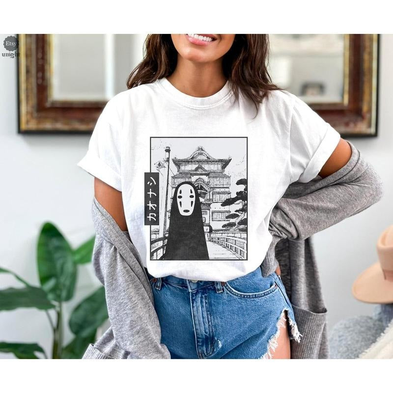 Unisex Spirited Journey T-Shirt - Studio Ghibli Adventure, Anime No-Face, Manga Bathhouse Scene, Japanese Tale Tee, Hayao Miyazaki Classic